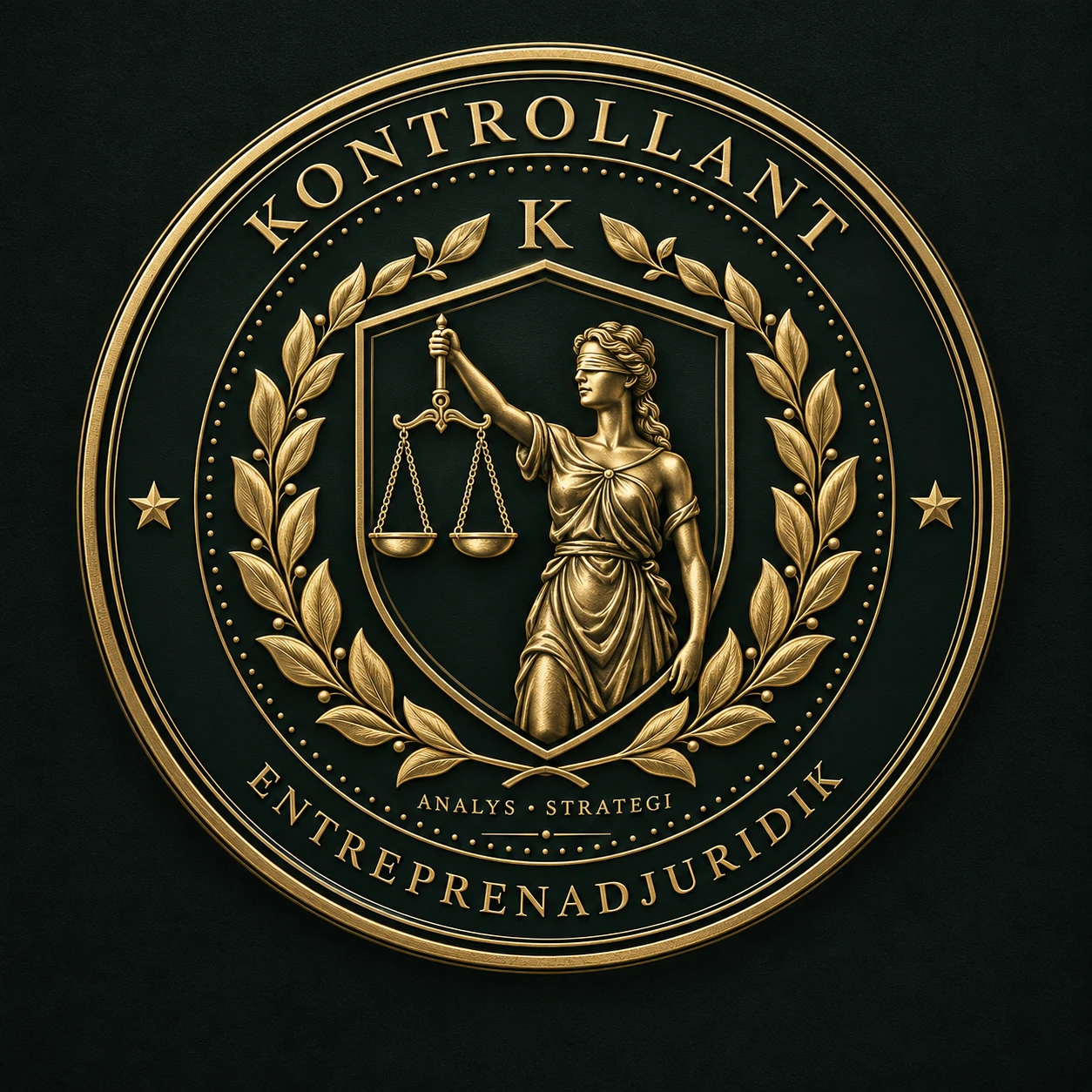 Kontrollants sigill med Justitia som håller en våg, inramad av sköld och lagerkrans.